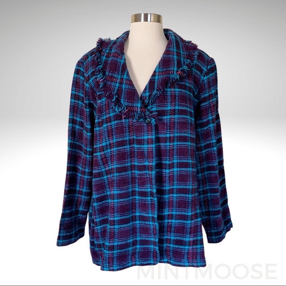 SOLD STEPHANIE THOMAS Chenille Tweed Button Blazer Plaid Size 16 - Picture 1 of 10